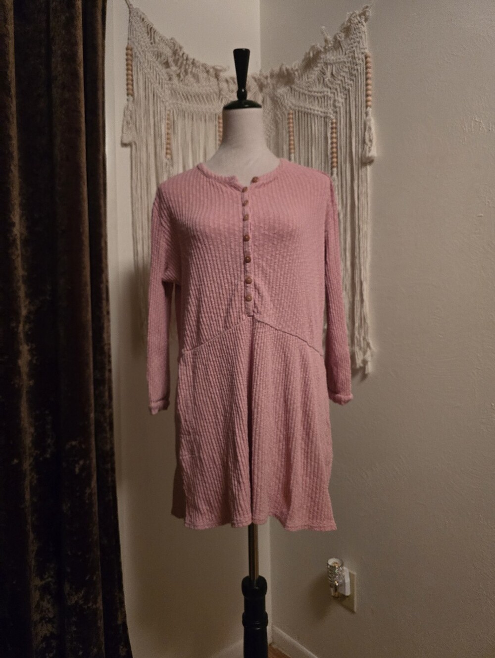 Free People Pink Button-Front Long Sleeve Dress